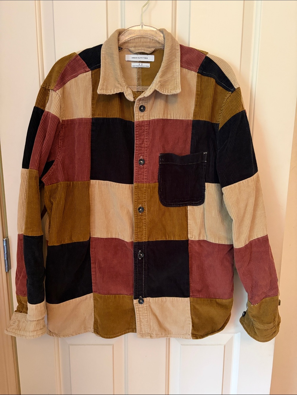 Corduroy Patchwork Shirt Jacket in Beige, Olive & Burgundy -